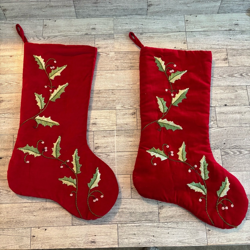 Festive Red velvet Holiday Stockings with Green Holly embroidered Design set 2